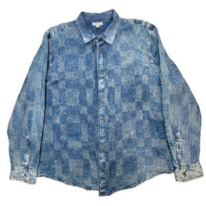 Calvin Klein Jeans Shirt Mens XL Blue Denim Button Front Checkerboard Pattern